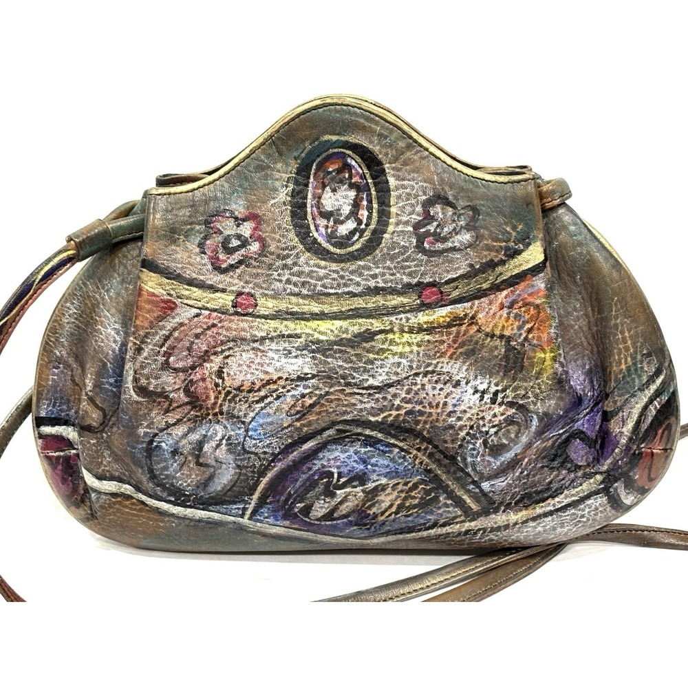 Jane Yoo Hand Painted Leather Crossbody Bag Signed Wearable Art Abstract Purse